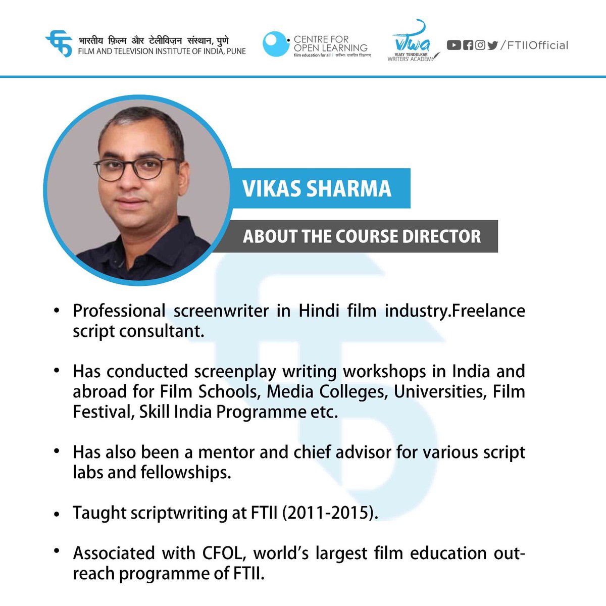FTIIOfficial's tweet photo. FTII announces online and weekend ‘Basic Course in Writing Scenes and Dialogues' under the Center for Open Learning initiative. 

This short course will feature writing different types of scenes and understanding structures of scenes.

(1/2)
#Dialoguescourse #learnwithFTII https://t.co/DpMdofQpmD