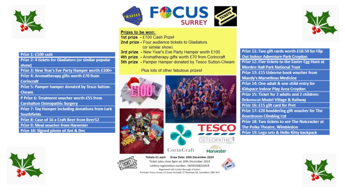 focus_surrey's tweet photo. There are lots of wonderful prizes in Focus Surrey's big Christmas raffle. Your entry  will help continue all the great work that the charity does to support families &amp; children with autism.  The raffle closes December 20th at 8pm. https://t.co/n4RH0xZFQs https://t.co/UFpzspPwW8