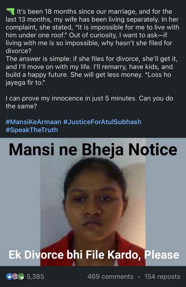 She got married for 5 months only, filed multiple cases with demand of 1.5LPM maintainance and 1cr alimony. Atul’s case is making men to come out and voice their grievances.

(Sharing the names bcz OP wanted to spread it, originally posted on LinkedIn)
