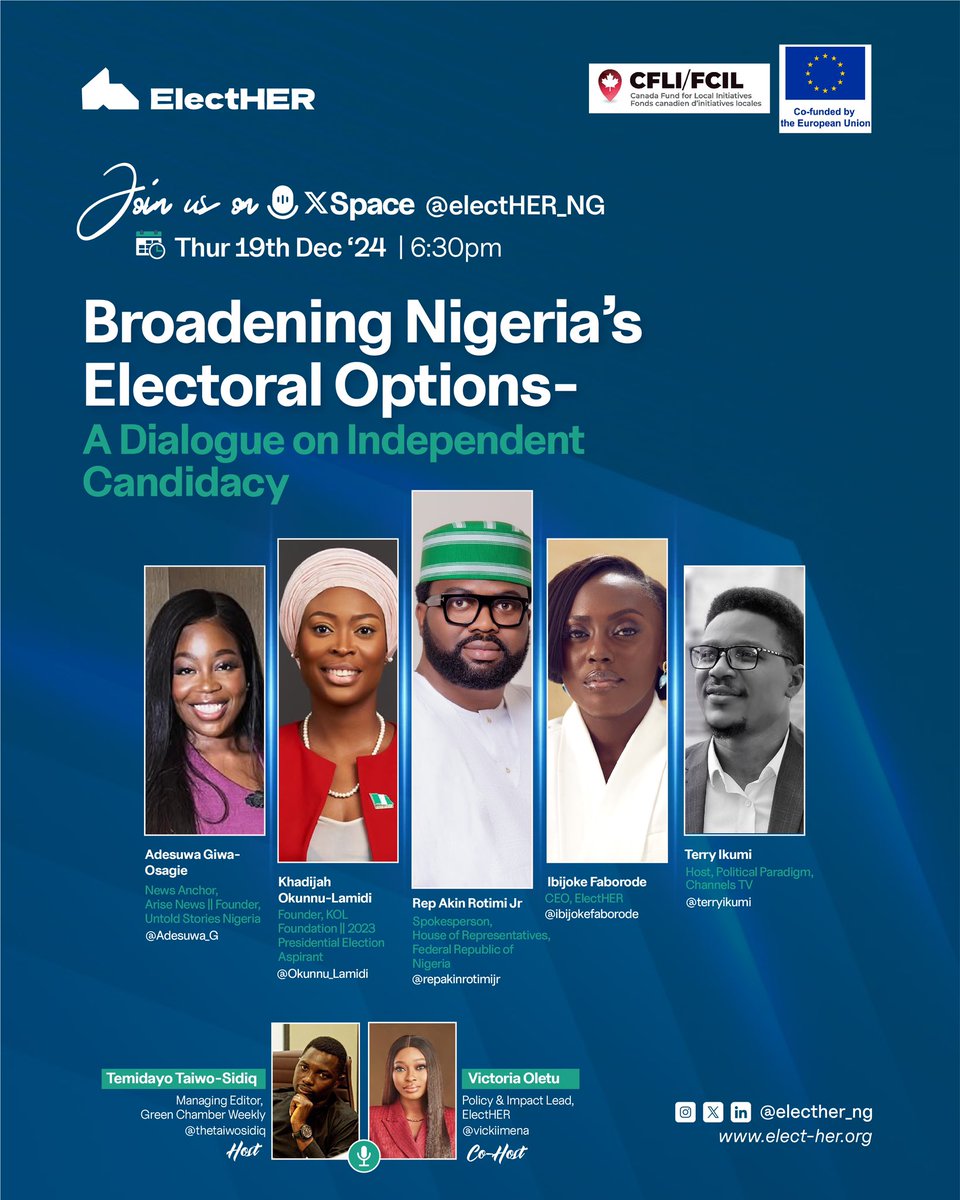 Join the conversation today at 6:30 PM as we discuss this landmark legislation with brilliant minds and major stakeholders; <a href="/repakinrotimijr/">Rep. Akin Rotimi Jr.</a>, <a href="/terryikumi/">Terry Ikumi</a>, <a href="/Adesuwa_G/">Adesuwa G</a>, <a href="/ibijokefaborode/">IBIJOKE FABORODE</a>, <a href="/Okunnu_Lamidi/">Khadijah Okunnu-Lamidi</a>, <a href="/thetaiwosidiq/">Temidayo Taiwo-Sidiq (ARIYO)</a>, <a href="/vickiimena/">Rezi Vick 💛</a> 
#IndependentCandidacyBillNG #ElectHER #ElectHERWP