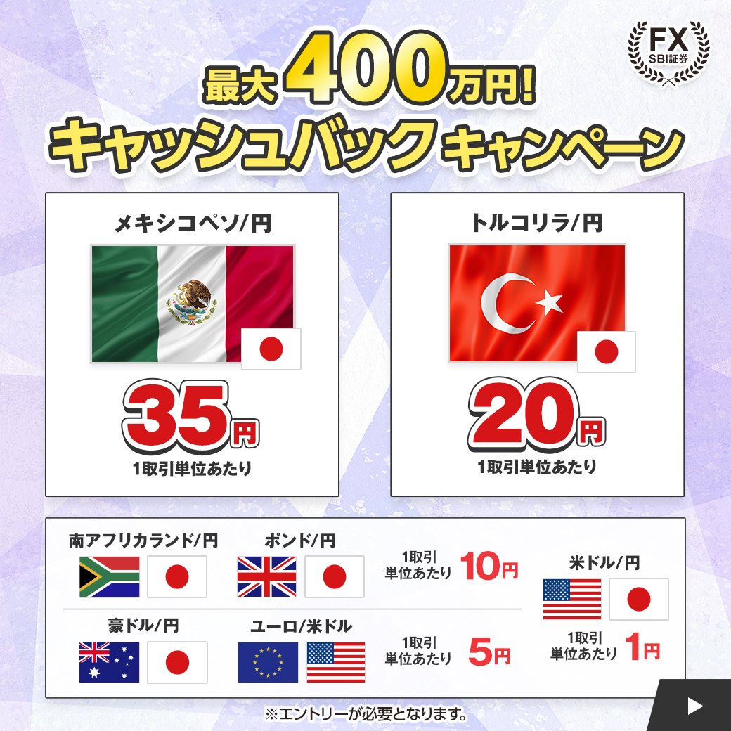 1/1（水）6:30まで】最大400万円！FXキャッシュバックキャンペーン実施中✨  「メキシコペソ/円🇲🇽」や「トルコリラ/円🇹🇷」など人気通貨ペア含む全7通貨ペア対象🎉  新規取引数量に応じて最大400万円までキャッシュバックいたします🎁 リスク・手数料等についてはこちら ...