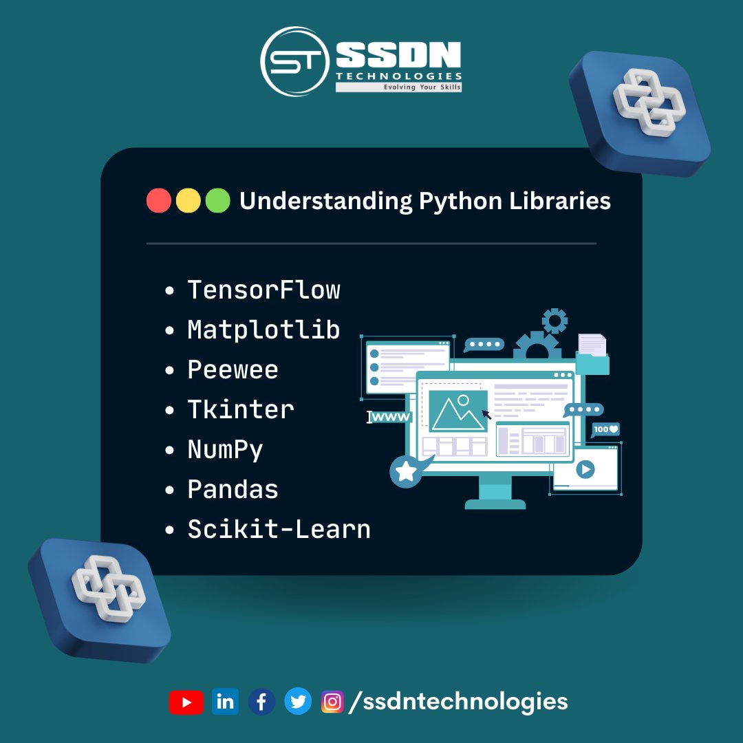 ssdntechnologie's tweet image. Python offers an extensive collection of libraries that simplify web development.
TensorFlow
Matplotlib
Tkinter
NumPy
Pandas
Scikit-Learn
ssdntech.com/programming/py…
📞+91-999-911-1686
#PythonLibraries #WebDevelopment #DataScience #SSDNTechnologies #Programming #PythonSpeed