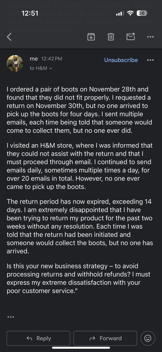 arnavalok7's tweet photo. @hm @hmindia 

Ordered boots on Dec 5th, didn't fit. Requested return on Dec 6th. 1+ week later, no pickup. Multiple emails ignored. This is unacceptable customer service.  

#returns #customerservice #disappointed 

@inshorts @ABPNews @ZeeNews @BBCHindi @DDNewslive https://t.co/9SQzmo7Cuz