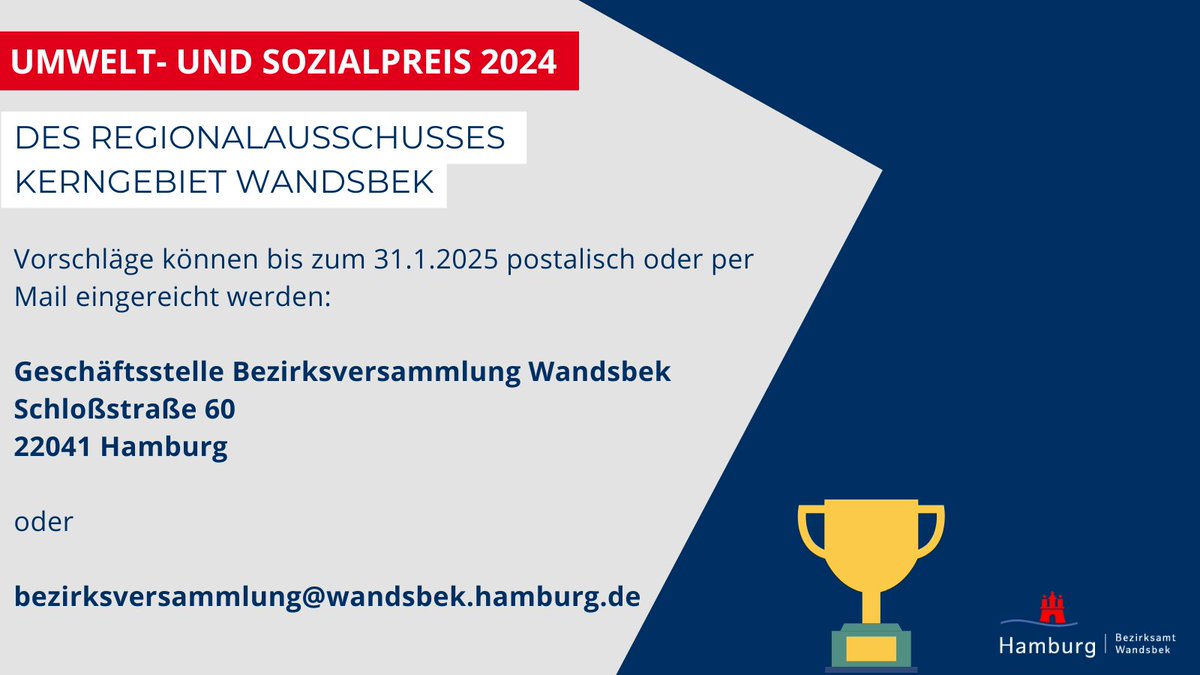 Der #Regionalausschuss Kerngebiet Wandsbek vergibt als #Auszeichnung für Personen oder Institutionen, die durch besondere Leistungen im Umwelt- oder Sozialbereich in der Region aufgefallen sind, den Umwelt- und Sozialpreis 🏆. Infos 🔗: t1p.de/8z3nb.