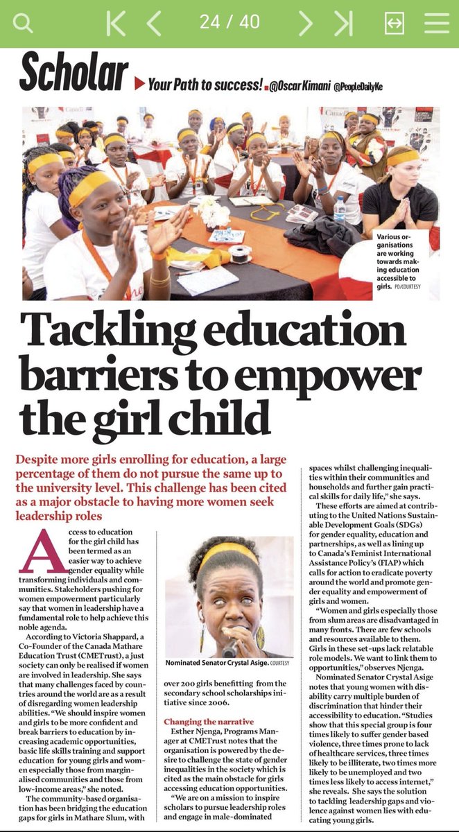Canada-Mathare Education Trust (@cmetrust) on Twitter photo Our inaugural Wezesha Kike! Women in Leadership Forum was featured on the <a href="/PeopleDailyKe/">PEOPLE DAILY</a>. See what <a href="/CMETrust/">Canada-Mathare Education Trust</a> in partnership with <a href="/CanadaDev/">Development Canada</a> is doing to break down historical gender barriers and provide girls with opportunities to rise & thrive.
#WiLForum #SDG5 #WezeshaKike Our inaugural Wezesha Kike! Women in Leadership Forum was featured on the <a href="/PeopleDailyKe/">PEOPLE DAILY</a>. See what <a href="/CMETrust/">Canada-Mathare Education Trust</a> in partnership with <a href="/CanadaDev/">Development Canada</a> is doing to break down historical gender barriers and provide girls with opportunities to rise & thrive.
#WiLForum #SDG5 #WezeshaKike