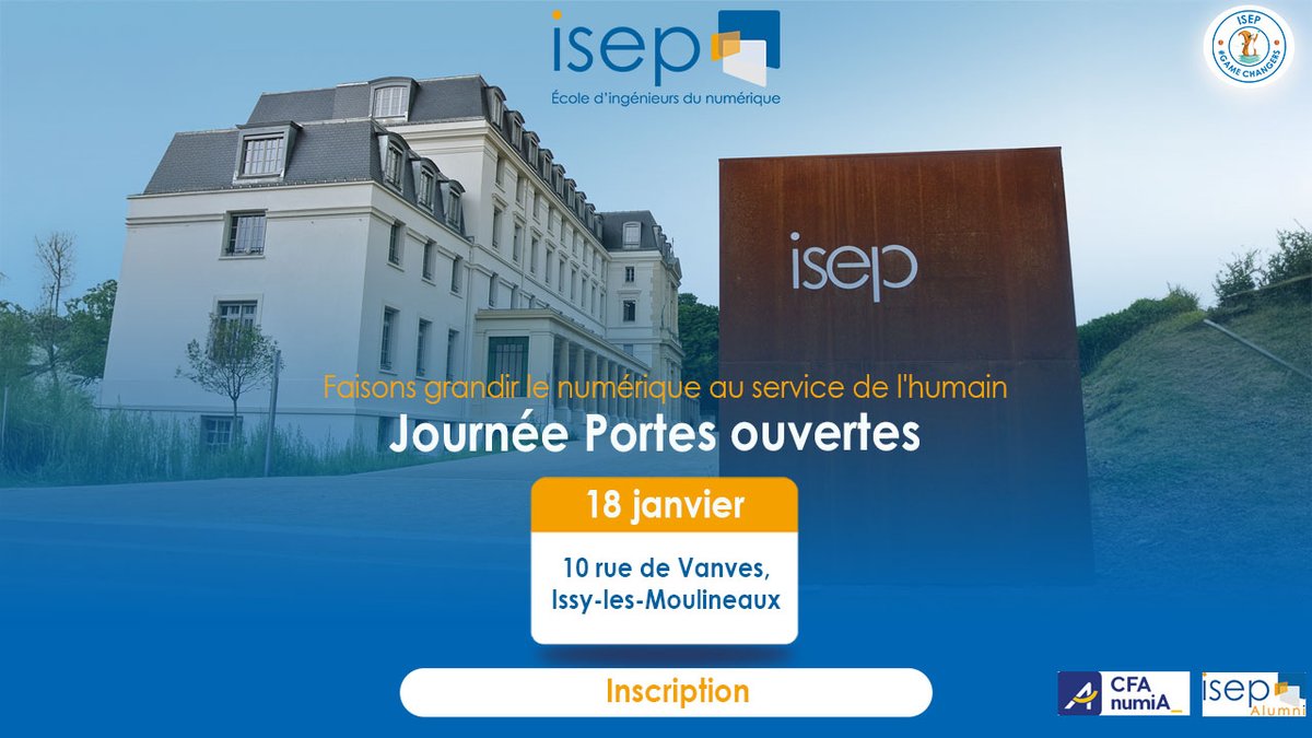 Construisez votre avenir numérique avec l’Isep !🚀

RDV le 18/01 pour notre Journée Portes Ouvertes à Issy-les-Moulineaux :
🔍Analyse de dossier
🎯Conseils parcours &amp; admissions
💻Découverte des techs innovantes

📍10 rue de Vanves, 92130 de 10h-18h
👉bit.ly/JPOdu18janvier
