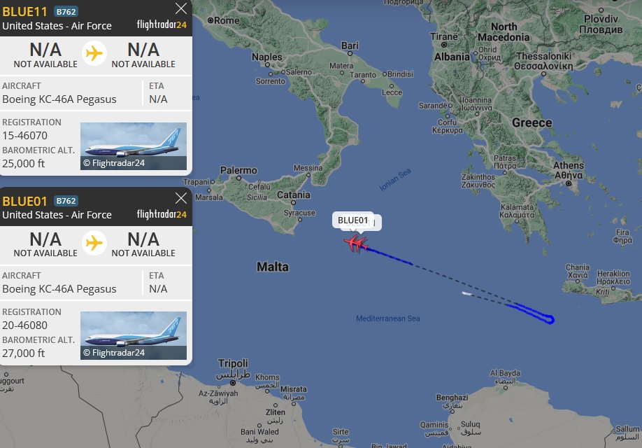 SirListenalot's tweet photo. ~0730z #KC46's #AE63B2 #BLUE11 (Al Udeid - Sigonella) likely with six "LN" #F15's #TABOR61 (Muwaffaq Salti - Lakenheath)) together with #AE63BC #BLUE01 (Rota - Rota) https://t.co/2x0BpK53cm