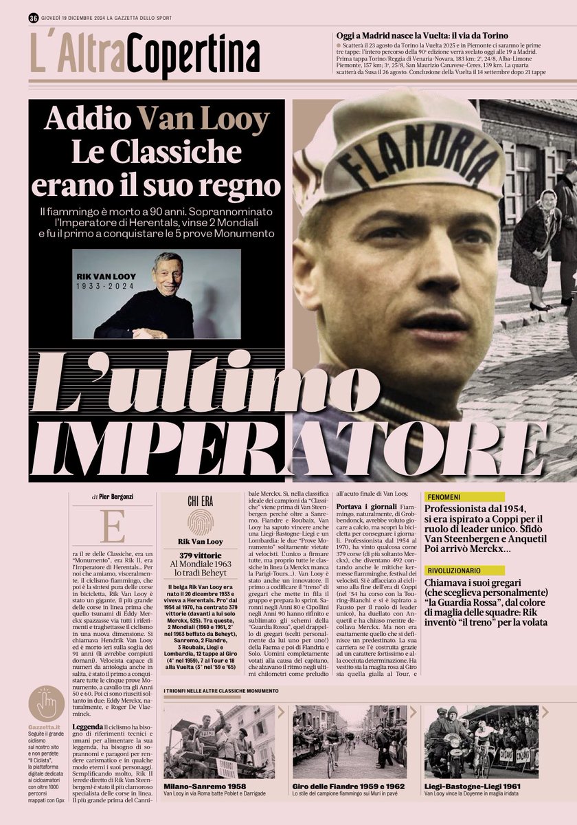 Il grande omaggio di <a href="/pierbergonzi/">Pier Bergonzi</a> su <a href="/Gazzetta_it/">La Gazzetta dello Sport</a> a #rikvanlooy

Da dove nasce la passione per il ciclismo? 
L’Imperator, le schermaglie con Merckx, un velocista che vince Liegi e Lombardia (oltre a tutte le Classiche), la fuga a Imola con Adorni…