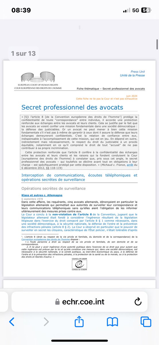 CEDH et secret professionnel des avocats : toujours utile de relire cette fiche thématique sur la jurisprudence européenne d’actualité echr.coe.int/documents/d/ec…