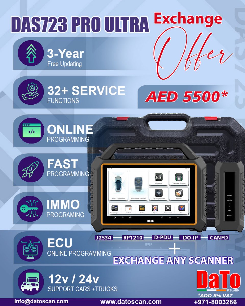 datotechie's tweet photo. 💥 Special Offer – Exchange and Save! 💥
Exchange with old scanner and Get Latest DAS723 Scanner!
AED 5500.
👉 Visit our website: https://t.co/arg6X1Bq25
📲 Connect with us: +971-8003286

#DaTo #DaToScan #ExchangeOffer #DAS723ProUltra #CarAndTruckDiagnostics #FastProgramming https://t.co/MfzzRAE51T