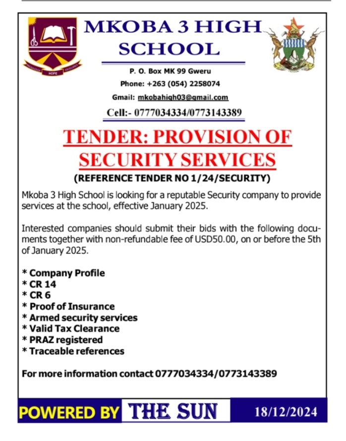The Sun Newspaper (Gweru) (@sungweru) on Twitter photo Mkoba 3 High School is looking for a reputable Security company to provide services at the school, effective January 2025. <a href="/Safeguardsecu10/">Safeguard security services</a> <a href="/fawcettsociety/">Fawcett Society</a> <a href="/FawcettSecurit1/">Fawcett Security</a> <a href="/BlacksharkZim/">Blackshark Protection Services</a> <a href="/GuardAlert/">Guard-Alert Security</a> <a href="/FC_SHEASHAM/">Sheasham FC Official</a>
contact 0777034334/0773143389 Mkoba 3 High School is looking for a reputable Security company to provide services at the school, effective January 2025. <a href="/Safeguardsecu10/">Safeguard security services</a> <a href="/fawcettsociety/">Fawcett Society</a> <a href="/FawcettSecurit1/">Fawcett Security</a> <a href="/BlacksharkZim/">Blackshark Protection Services</a> <a href="/GuardAlert/">Guard-Alert Security</a> <a href="/FC_SHEASHAM/">Sheasham FC Official</a>
contact 0777034334/0773143389