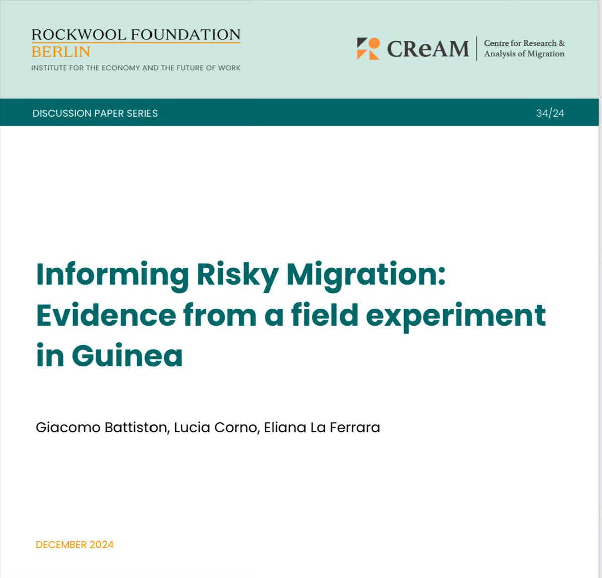 CReAM (@cream_research) on Twitter photo 🆕 <a href="/RF_Berlin/">ROCKWOOL Foundation Berlin</a>-CReAM #DiscussionPaper by <a href="/giac_bat/">giacomo battiston</a>, <a href="/CornoLucia/">LuciaCorno</a>, and <a href="/elianalaferrara/">Eliana La Ferrara</a>: “Informing Risky Migration: Evidence from a field experiment in Guinea.” (1/6) 🆕 <a href="/RF_Berlin/">ROCKWOOL Foundation Berlin</a>-CReAM #DiscussionPaper by <a href="/giac_bat/">giacomo battiston</a>, <a href="/CornoLucia/">LuciaCorno</a>, and <a href="/elianalaferrara/">Eliana La Ferrara</a>: “Informing Risky Migration: Evidence from a field experiment in Guinea.” (1/6)