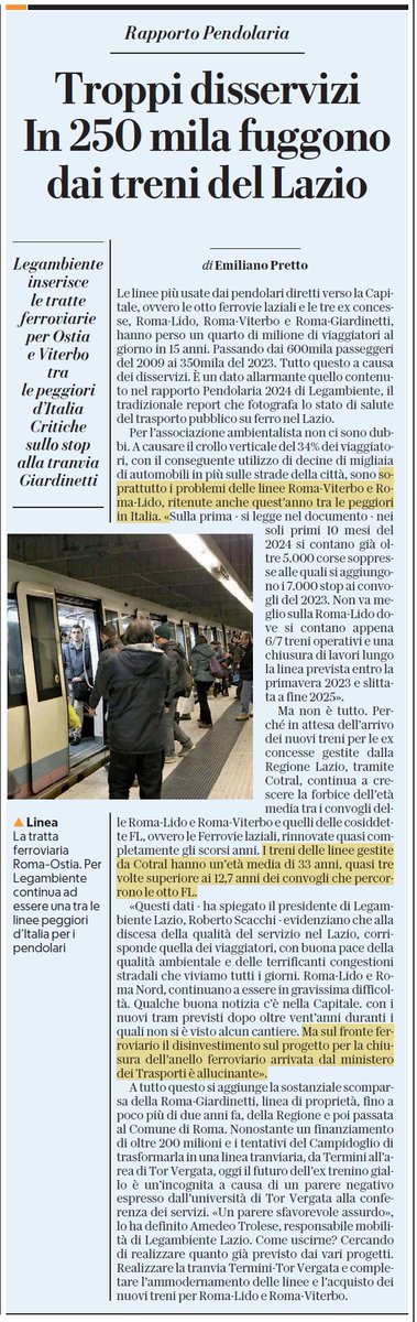 Anche quest'anno i <a href="/PendolariRMNord/">Pendolari Roma Nord</a> e <a href="/romalidoinfo/">pendolari Roma-Lido</a>  rappresentano le peggior linee ferroviarie italiane. Quando ne usciremo?
<a href="/RegioneLazio/">Regione Lazio</a> <a href="/roccapresidente/">Francesco Rocca</a> <a href="/BusCotral/">Cotral</a> <a href="/astralmobilita/">Astral Infomobilità</a> <a href="/ART_Trasporti/">Autorità di regolazione dei trasporti</a> <a href="/mimit_gov/">MIMIT</a> <a href="/CorteContiPress/">Corte dei conti</a> <a href="/GheraFabrizio/">FabrizioGhera</a> <a href="/TUTraP_APS/">TUTraP-APS</a> <a href="/Legambiente/">Legambiente</a>