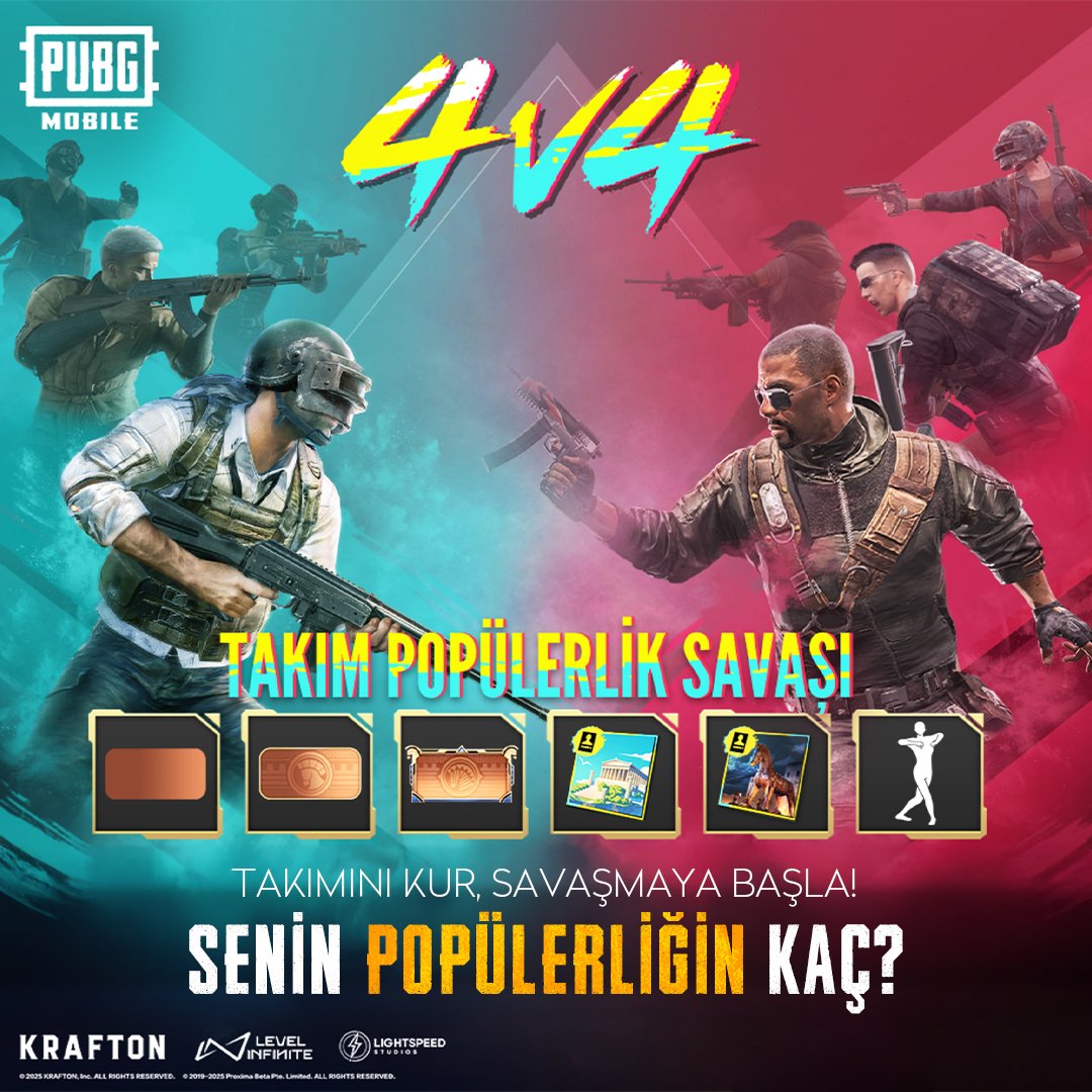 PUBGM_TR's tweet photo. 4v4 Popülerlik Savaşının yeni turu başladı! 🤩 Gelin ve nadir ödüller kazanmak için katılın! 😉
Senin popülerliğin kaç? Yorumlara yaz! 👇
#PUBGMPOPULARITY
#PUBGMOBILE
#PUBGM350
#PUBGMOBILEC7S21 https://t.co/qm0PwJeXOE