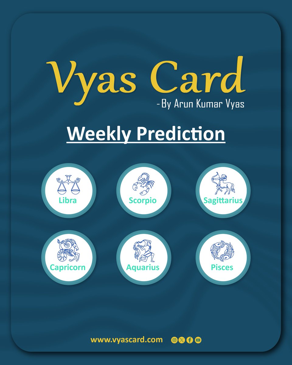 Arunastrology's tweet photo. Vyas Card for Upcoming Week, Your Weekly Zodiac Sign Predictions.

For Rest of the Zodiac Signs - Visit our profile

Check Vyas Card as per your date of birth.

#arunkumarvyas #astrology #predictions #vyascard #capricorn #aquarius #pisces #weeklypredictions #prediction https://t.co/ltEXtIzZlo