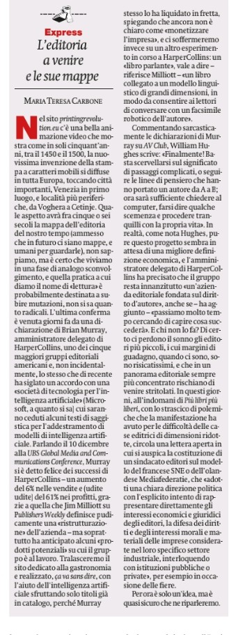 Maria Teresa Carbone (@mtcarbone) on Twitter photo HarperCollins Usa sperimenta il libro parlante (l'autore-robot risponde ai lettori), in Italia si prepara il sindacato editori. Cronache da un mondo in divenire, oggi su <a href="/ilmanifesto/">il manifesto</a>
ilmanifesto.it/leditoria-a-ve… HarperCollins Usa sperimenta il libro parlante (l'autore-robot risponde ai lettori), in Italia si prepara il sindacato editori. Cronache da un mondo in divenire, oggi su <a href="/ilmanifesto/">il manifesto</a>
ilmanifesto.it/leditoria-a-ve…