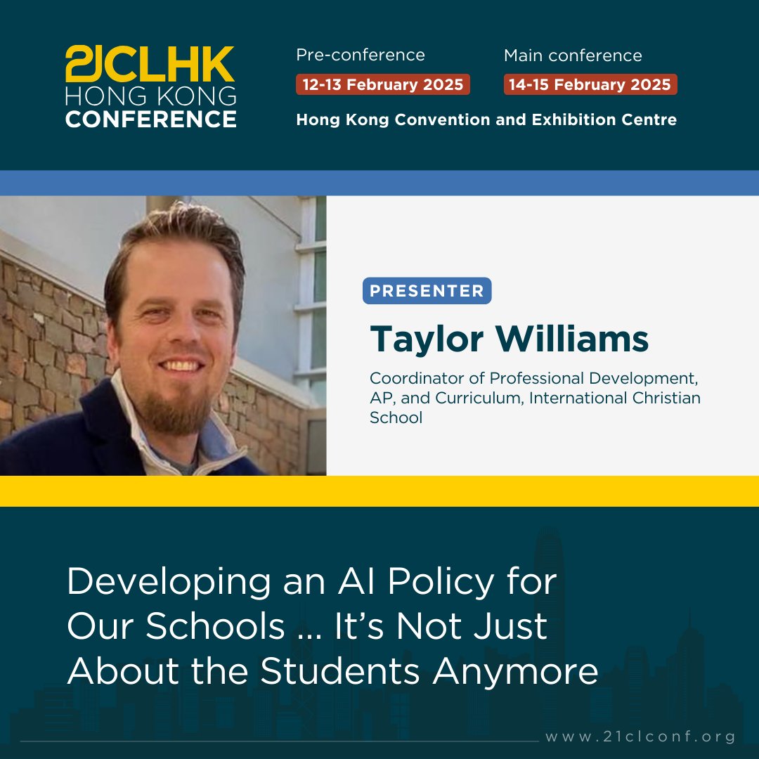 Hey, Educators! Join #21CLHK25 and gain insights from Taylor Williams <a href="/TaylorHWilliams/">Taylor Williams</a>  on "Developing an AI Policy for Our Schools … It’s Not Just About the Students Anymore" zurl.co/ZEIo #EducationTechnology #InnovationinEducation #Leadership #AIinEducation
