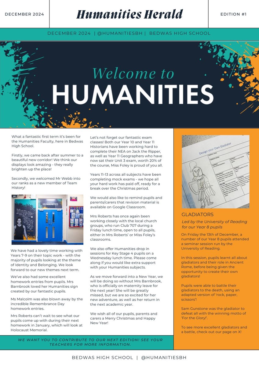 HumanitiesBH's tweet photo. We have published our first edition of the Humanities Herald, telling you all about the goings on of our Faculty. It also features some excellent articles from our fantastic pupils! Thank you all for your hard work!

We can't wait to see the exciting entries we receive next term! https://t.co/QGySxx57wV