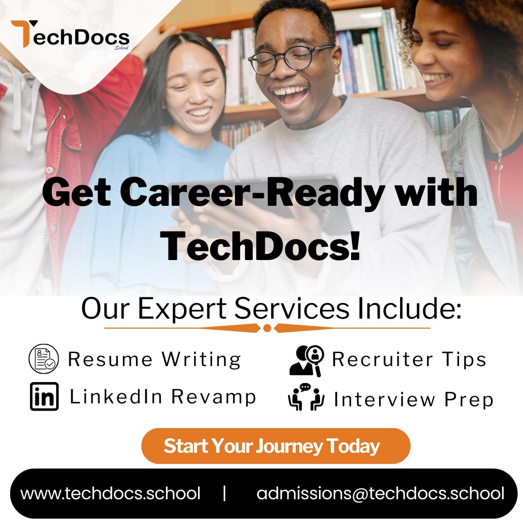 TechDocsSchool's tweet image. Our students don’t just learn #technical writing—they get career-ready! 💼 We help with #resumes, #LinkedIn, #interview prep, #recruiter tips, understanding pay, and thriving in #remote jobs. Start your journey today: techdocs.school 🚀 #TechnicalWriting #CareerSuccess