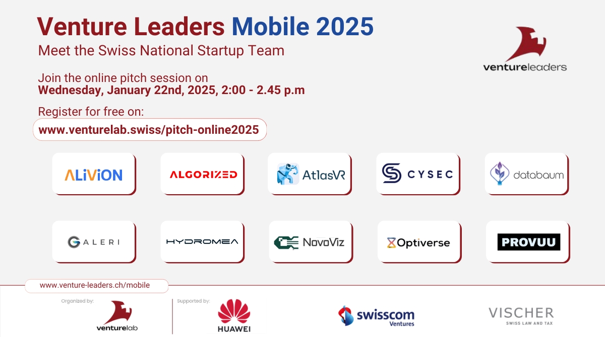 Join the pitch session featuring 10 innovative Swiss entrepreneurs who will represent the Swiss National Startup Team in Barcelona as part of the Venture Leaders Mobile 2025 roadshow. 

Join the online pitch session and be part of election captain through your live votes: