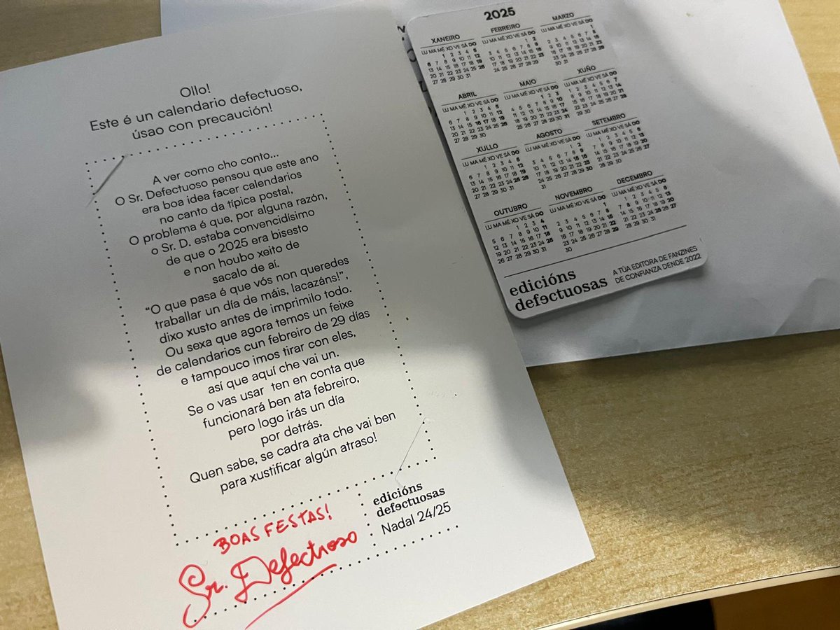 Saiban que este ano me vou guiar por este magnífico calendario que me regalaron desde <a href="/Ed_Defectuosas/">Edicións Defectuosas</a> e, polo tanto, a partir do 1 de marzo vou ir con retraso (aínda máis). 😆😆😆
Grazas, sr. Defectuoso!