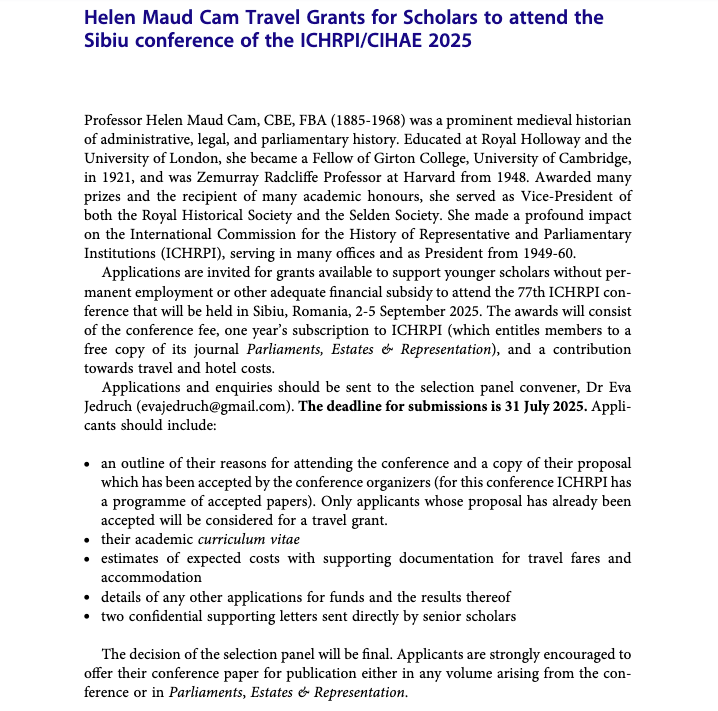 ichrpi's tweet photo. As outlined in the recent issue of #PER, we have funding opportunities available to attend our conferences. 

The Helen Maud Cam Travel Grant is open to younger scholars &amp; those without permanent contracts or other financial subsidy. The deadline for applications is 31 July 2025. https://t.co/8WP2xp1GNU