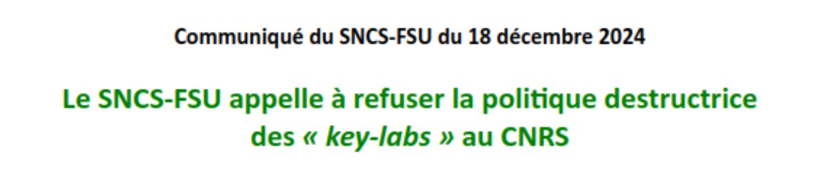 Le SNCS-FSU appelle à refuser la politique destructrice des « key-labs » au <a href="/CNRS/">CNRS 🌍</a>
sncs.fr/2024/12/18/ref…