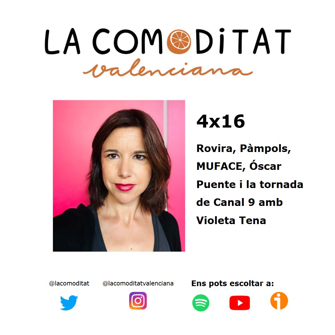 La Comoditat Valenciana (@lacomoditat) on Twitter photo En l'últim programa de l'any hem convidat a la periodista <a href="/violetatena/">violetatena</a> per a parlar amb <a href="/perealvaro/">Pere Àlvaro</a> i <a href="/MaximVivo/">Màxim Castillo Vivó</a> de la solució al problema de MUFACE, de l'equipàs de Pàmpols, de les eixides de to de Rovira, dels trens i de la tornada de Canal 9.
Enllaços 👇 En l'últim programa de l'any hem convidat a la periodista <a href="/violetatena/">violetatena</a> per a parlar amb <a href="/perealvaro/">Pere Àlvaro</a> i <a href="/MaximVivo/">Màxim Castillo Vivó</a> de la solució al problema de MUFACE, de l'equipàs de Pàmpols, de les eixides de to de Rovira, dels trens i de la tornada de Canal 9.
Enllaços 👇