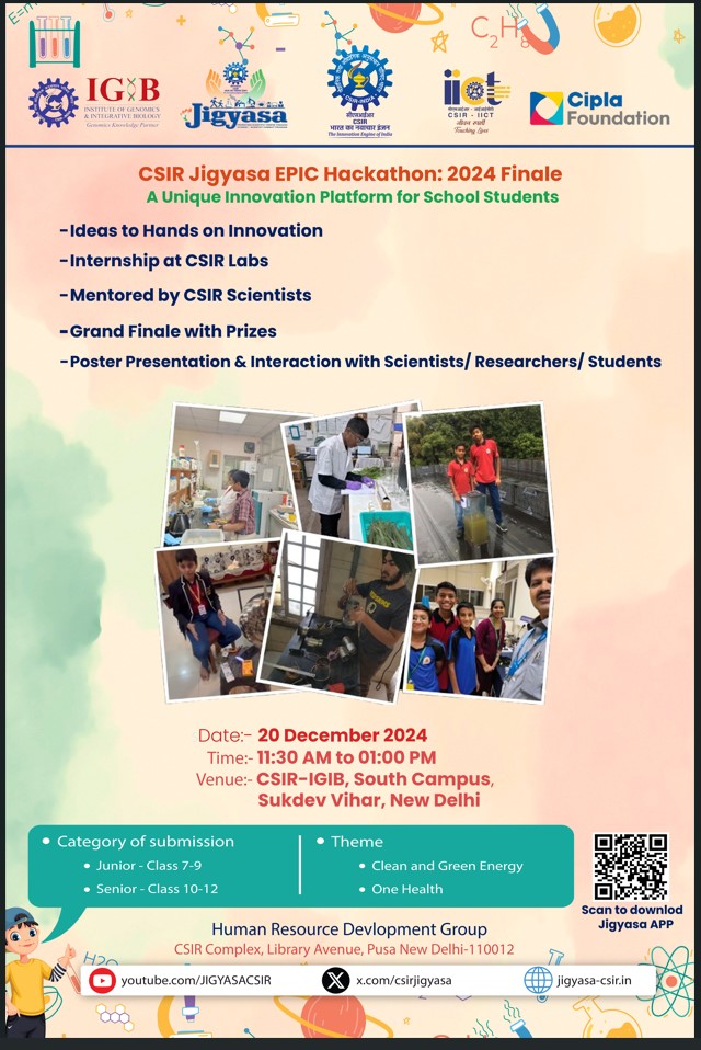 CSIRJIGYASA (@csirjigyasa) on Twitter photo We are excited and happy to announce the grand finale celebration of <a href="/CsirJigyasa/">CSIRJIGYASA</a> EPIC Hackathon 2024 on 20th December 24 at 11:30AM with our partners <a href="/CiplaFoundation/">Cipla Foundation</a> <a href="/IGIBSocial/">CSIR-IGIB</a> <a href="/csiriict/">CSIR-IICT</a>.
<a href="/CSIR_IND/">CSIR, India</a> <a href="/GVRayasam/">Dr Geetha Vani Rayasam</a> <a href="/GMahesh7/">G Mahesh</a> <a href="/AIMtoInnovate/">Atal Innovation Mission Official</a> <a href="/HRDG_CSIR/">HRDGCSIR</a> <a href="/kshreedhar/">shree</a> <a href="/beena_tweets/">Beena Pillai</a> We are excited and happy to announce the grand finale celebration of <a href="/CsirJigyasa/">CSIRJIGYASA</a> EPIC Hackathon 2024 on 20th December 24 at 11:30AM with our partners <a href="/CiplaFoundation/">Cipla Foundation</a> <a href="/IGIBSocial/">CSIR-IGIB</a> <a href="/csiriict/">CSIR-IICT</a>.
<a href="/CSIR_IND/">CSIR, India</a> <a href="/GVRayasam/">Dr Geetha Vani Rayasam</a> <a href="/GMahesh7/">G Mahesh</a> <a href="/AIMtoInnovate/">Atal Innovation Mission Official</a> <a href="/HRDG_CSIR/">HRDGCSIR</a> <a href="/kshreedhar/">shree</a> <a href="/beena_tweets/">Beena Pillai</a>