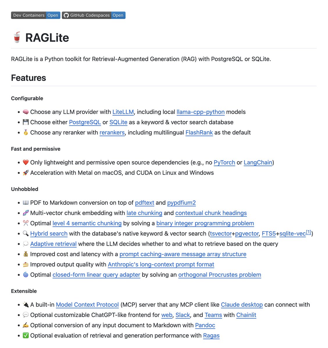 Announcing 🥤 RAGLite: a Python package for building Retrieval-Augmented Generation (RAG) applications. RAG can be magical, but is only as good as its retrieval quality. RAGLite's goal is to unhobble RAG by providing the best solutions to each of its subproblems. Link below 👇