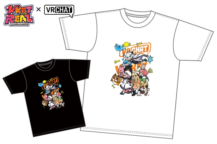 VketReal's tweet photo. ＼📢#VketReal グッズの事前販売実施中!!／
今回イチ押しグッズその１✨
#VRChat コラボデザインTシャツが登場！
楽しげにワールド探索するVketちゃん1号たちがとにかく可愛いオリジナルTシャツ🎉
色はホワイト&ブラック！是非これを着てVketRealを目いっぱい楽しんでください🌟
販売ページはコチラ👇
ホワイト：https://t.co/F7jDMEB7ID
ブラック：https://t.co/RSq0FIjyOe