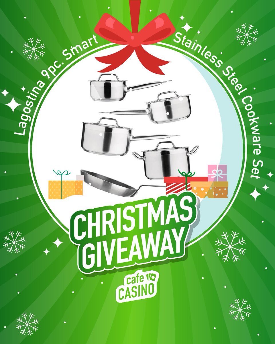 Cafe Casino (@cafecasinolv) on Twitter photo Day 2 of 6 Cafe Casino Christmas giveaways! 🎅
Today’s prize is a… Lagostina9pc. Smart Stainless Steel Cookware Set
➡️ Follow <a href="/CafeCasinoLV/">Cafe Casino</a>
➡️ Like & Share the post
➡️ Tag as many friends as you can in the comments
1 winner will be announced in the Day 2 of 6 Cafe Casino Christmas giveaways! 🎅
Today’s prize is a… Lagostina9pc. Smart Stainless Steel Cookware Set
➡️ Follow <a href="/CafeCasinoLV/">Cafe Casino</a>
➡️ Like & Share the post
➡️ Tag as many friends as you can in the comments
1 winner will be announced in the