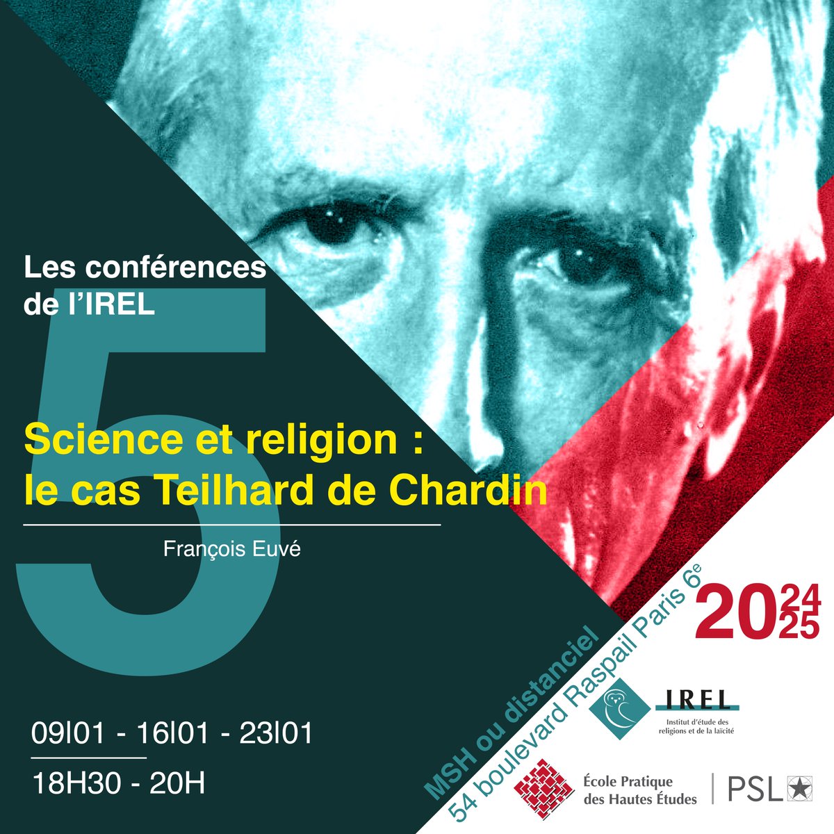 🥁 Les conférences de l'IREL continuent
📜 #Science et #religion à travers la figure de Teilhard de Chardin par François Euvé | <a href="/Theologos75/">François Euvé</a> 
📌 dans les locaux de l'<a href="/EPHE_PSL/">École Pratique des Hautes Études - PSL</a> à la <a href="/FondationMSH/">Fondation Maison des Sciences de l'Homme</a> ou en distanciel
👉 informations et inscriptions : urls.fr/_Qfq2I
