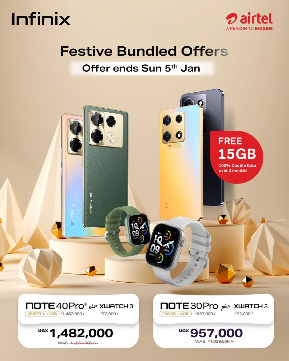 infinixuganda's tweet image. Tusonga mu byakabi byoka!
Big discounts on the #infinixNOTE40pro+ &amp;amp;  #infinixNOTE30pro+ this festive season that come with free 15GBs of #Airtelug data &amp;amp; 100% double data for over 3 months for you to keep connected