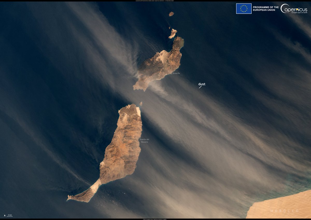 Following Storm Dorothea, the Spanish Canary Islands were affected by a haze brought on by strong gusts of wind on 17 December 2024, which carried suspended dust from the Sahara Desert. 

This dense haze, known locally as calima, led to decreased air quality in several areas. ⤵️