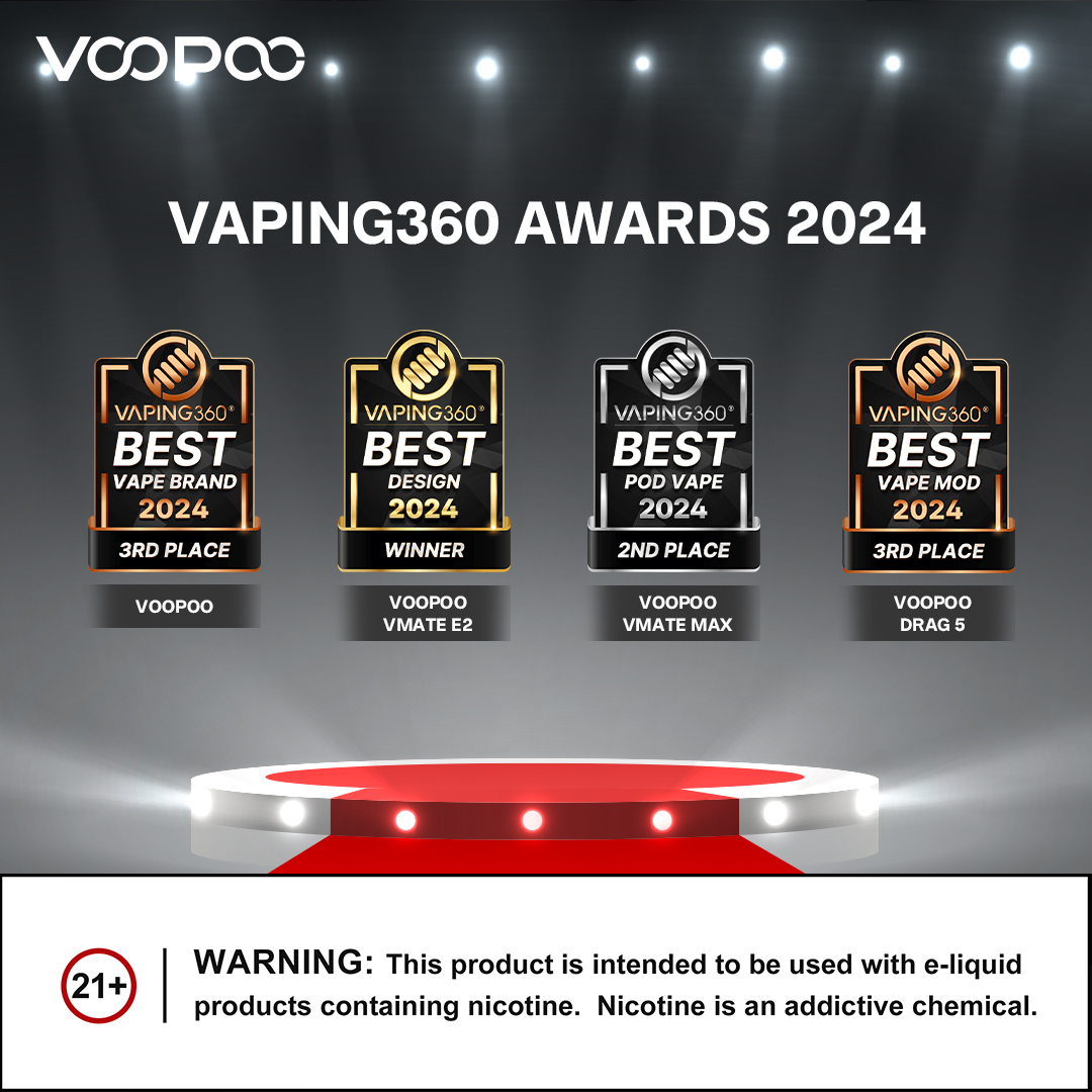 VOOPOO_OFFICIAL's tweet photo. 🌟 Exciting news! The Vaping360 Annual Awards 2024 have been announced. 🏆We're honored to win these Awards. 👏

📌Best Vape Brand  - VOOPOO  
📌Best Design  - VOOPOO VMATE E2  
📌Best Vape Mod  - VOOPOO DRAG 5  
📌Best Pod Vape  - VOOPOO VMATE MAX  
 Thanks for all your love. ❤ https://t.co/LVdg7kAWbC