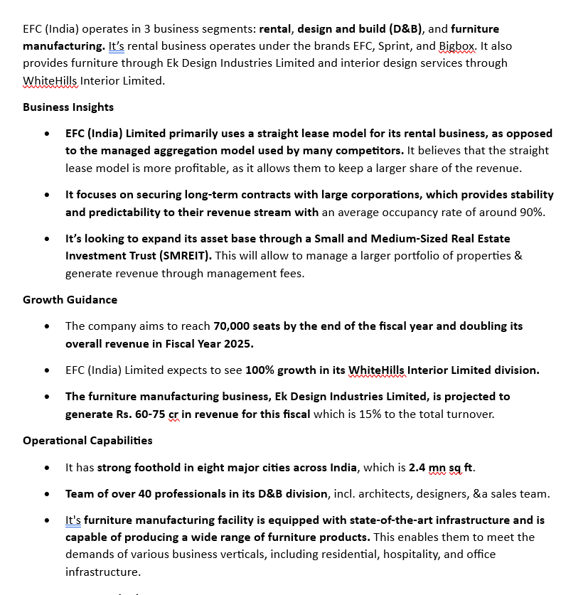 SULABH40's tweet photo. #EFC(I) - Fully integrated player in office rental space with in-house furniture manufacturing & interior design services.
👉Given 20x returns in 2 years🔥
👉 Fy25 Rev. Guidance -100% growth
👉Trading @ 38x PE TTM basis.
👉Sector will be growing at CAGR of 13.47% during FY24-31. https://t.co/tMnTgTuSdw