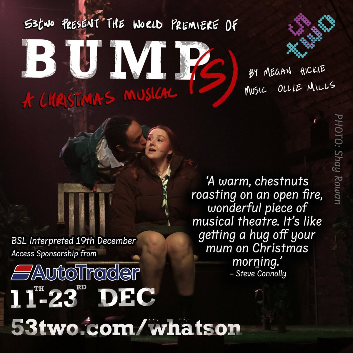 #Bumps is back in the arches tonight &amp; is #BSL interpreted!

Come catch ‘Jessie’ &amp; ‘Janine’ &amp; find out why they’re bonding over bumps! Who is the dad? What exactly is in that book? 💜💙

According to <a href="/ConnollyActor/">Steve Connolly 🎬</a>, it’s like a hug in a play! 🤗

🎟️53two.com/whatson #Mcr
