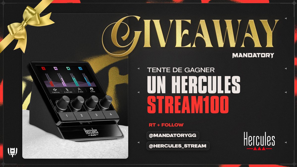 Petit, simple, efficace ! De quoi lancer vos prochains streams l'esprit léger. Tentez de gagner un Contrôleur audio PC: le Hercules Stream100 🎶

Pour participer :  
🔄 RT ce tweet
👤Follow <a href="/MandatoryGG/">Mandatory</a> et <a href="/hercules_stream/">STREAM by Hercules</a>

📆 TAS le 31/12