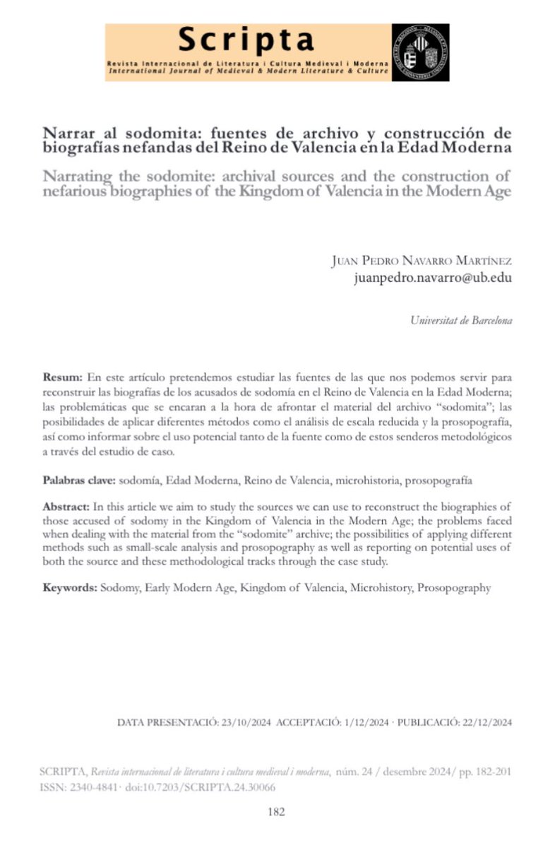 ModernoNoSoy's tweet photo. No se acaba el año sin novedades!

Se acaba de publicar en la revista SCRIPTA de la Universitat de València mi último artículo: “Narrar al sodomita: fuentes de archivo y construcción de biografías nefandas en el Reino de Valencia en la Edad Moderna”.

https://t.co/hn9QVhteu0 https://t.co/CGzEOo6G64