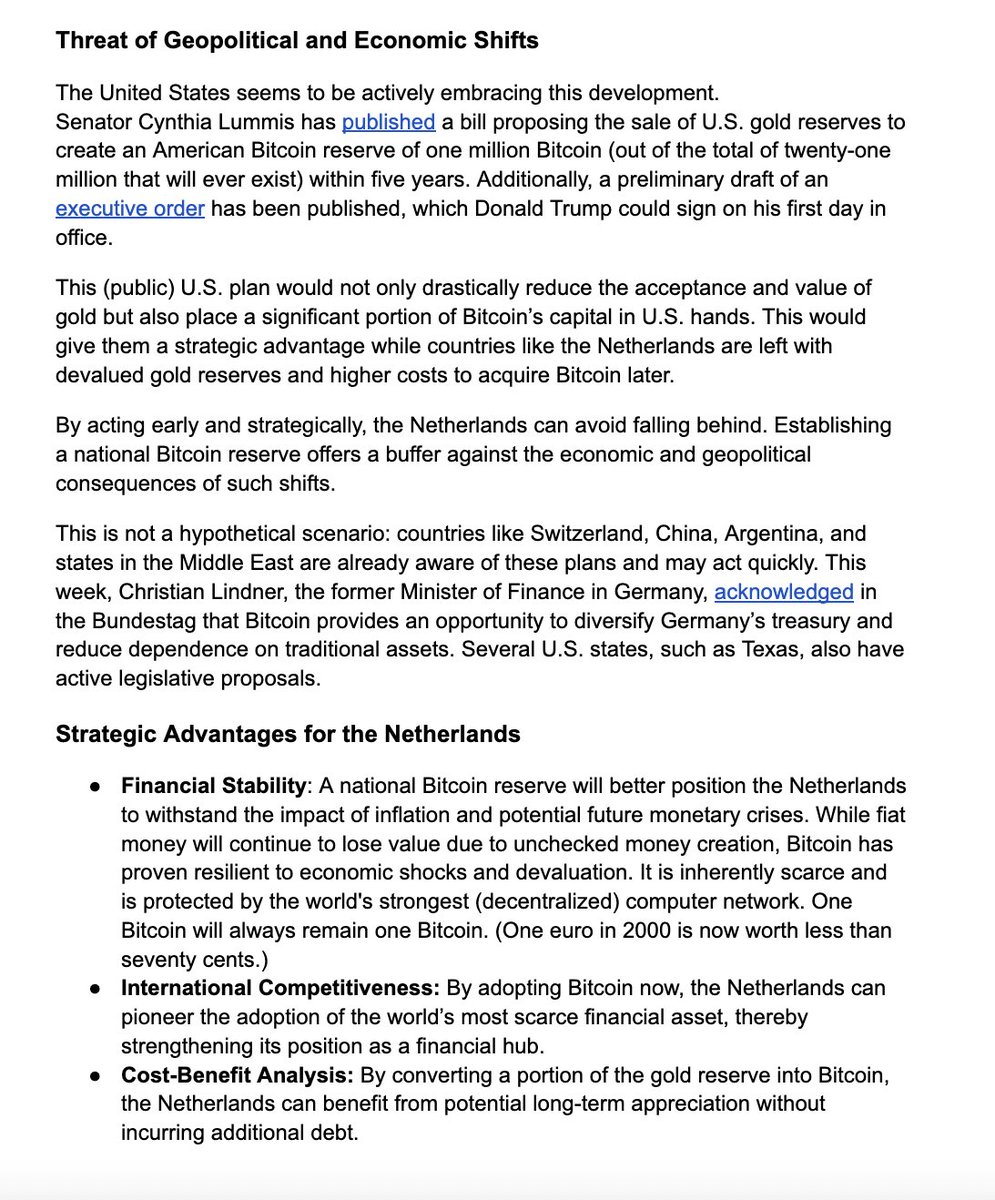 🇳🇱 INSIGHT: The Dutch government urged to establish a National Bitcoin  Reserve in an open letter. The writer proposed that the Netherlands acquire  Bitcoin through the Ministry of Finance, by selling a