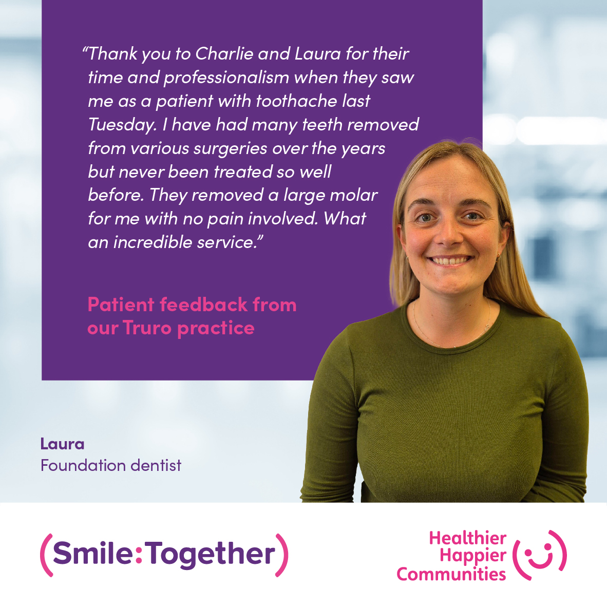 A huge shoutout to Laura, Charlie and our team in Truro for receiving such glowing feedback from a grateful patient! Well done! 🌟