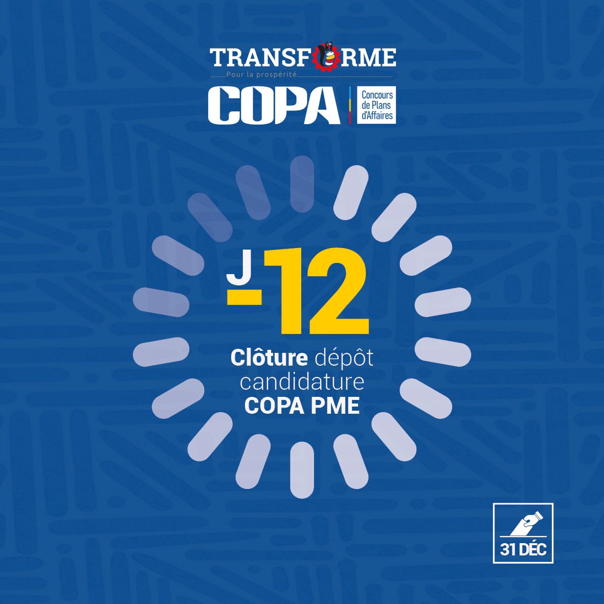 RdcTransforme's tweet photo. Plus que 12 jours pour la  clôture des candidatures pour le Concours des plans d’affaires prendra fin. 
N’attendez pas le 31 décembre 2024 pour candidatez. Faites-le dès maintenant 🔥

Êtes-vous une PME ? 
Candidatez à travers ce lien 
https://t.co/g0UY7d0kmt

@tisyamukuna @StanysBujakera @KanikPascal @malukisasivi 
#projettransforme #RDC #BanqueMondiale #BanqueMondiale #entrepreneuriat #COPATransforme #Innovation #TransformationEconomique #candidature #Entrepreneuriat #rdc #COPA #developpement