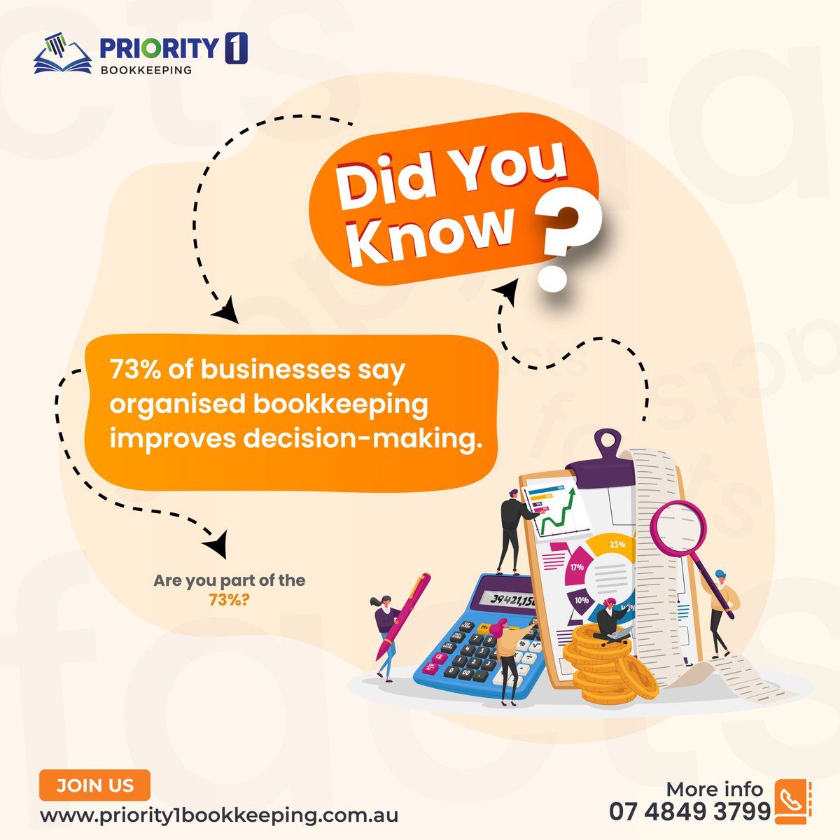 73% of businesses say organised bookkeeping improves decision-making. Are you in the 73%?

Let Priority1 Bookkeeping bring clarity &amp; accuracy to your business.

Contact us now:
📞 0748493799
🌐 priority1bookkeeping.com.au
#AccurateBookkeeping #Hasslefreefinances #BookkeepingAustralia