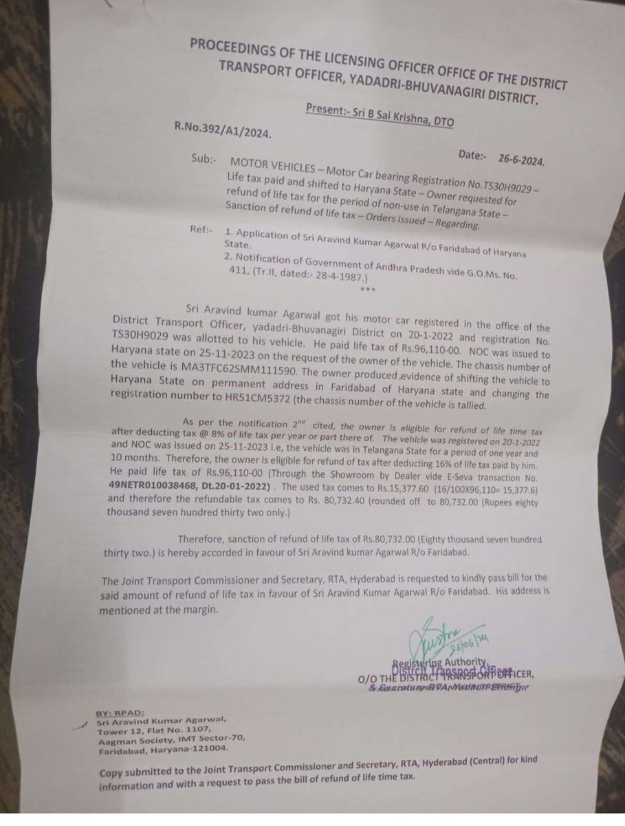 ArvindKumarAg13's tweet photo. @TGRTAIndia refund amount 73040 sanctioned amount 80732 less amount 7692 from RTA telengana vehicle no. TS30H9029 write to commissioner and ministry also write to commissioner but no update. Please help. See attachment for information &amp;n/a please. https://t.co/bHIYHpiGwX