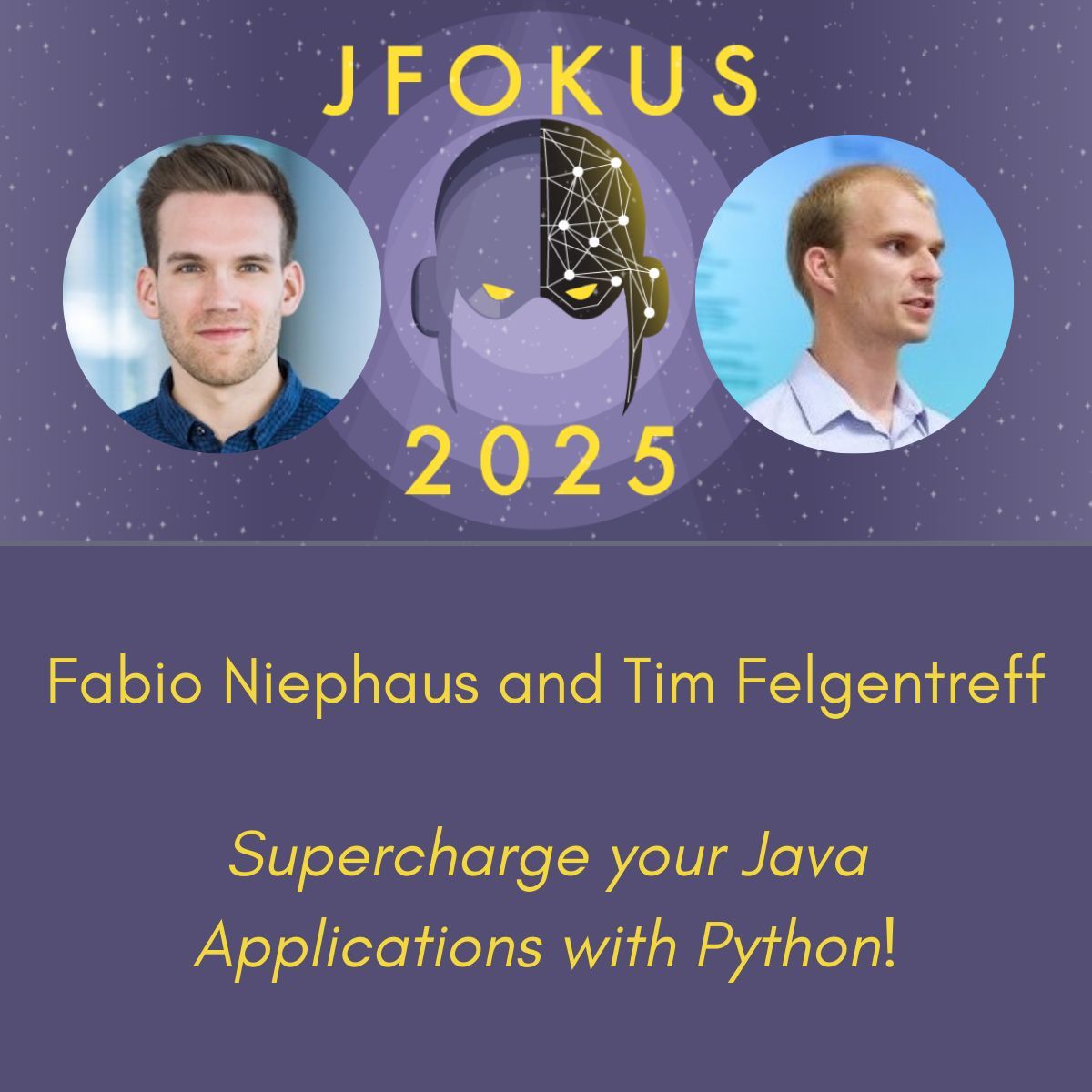 Jfokus's tweet photo. Join @fniephaus &amp; @timfelgentreff at #Jfokus 2025 to learn how #GraalPy lets #Java developers embed #Python seamlessly for tasks like sentiment analysis, data visualization, and more. Explore live demos, #SpringBoot, #Micronaut, and beyond!

https://t.co/1OCj11k540 https://t.co/2uya0rfbTN