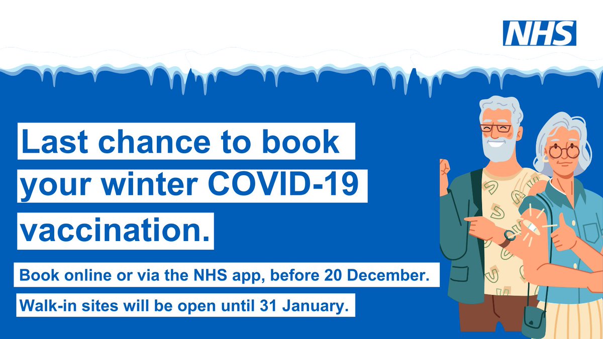 Today's the final day to book your winter vaccines online, through the NHS App or 119. This is the most convenient way to book your vaccines.  See if you're eligible and book now via the NHS app or at ow.ly/Hfph50UrNtr

After today visit  nhs.uk/wintervaccinat… for options
