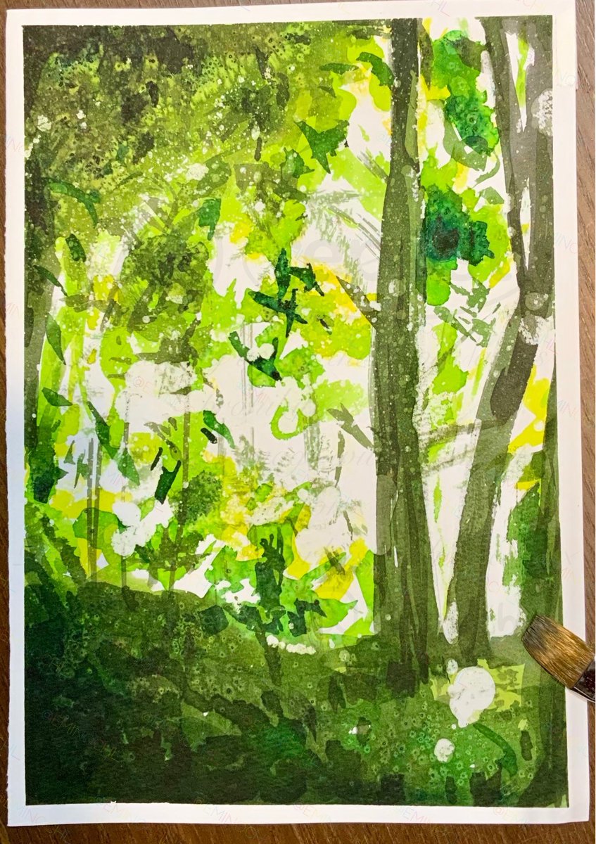 技法の練習🖼️スケッチ
木漏れ日の表現

防水加工などを利用して絵の具がのらない部分や
テクスチャを加えるテスト
全然制御できないけど逆にそれで面白くなった部分を利用する感じ