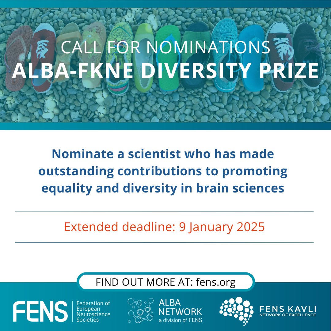 There's still time! ⌛

The deadline to submit your nomination for the ALBA-FKNE #DiversityPrize has been 𝗲𝘅𝘁𝗲𝗻𝗱𝗲𝗱. 

📅 You have until 9 January 2025 to nominate a scientist who champions #equality and #diversity in #neuroscience. 

🚀 Act fast: loom.ly/ayM7Cw8