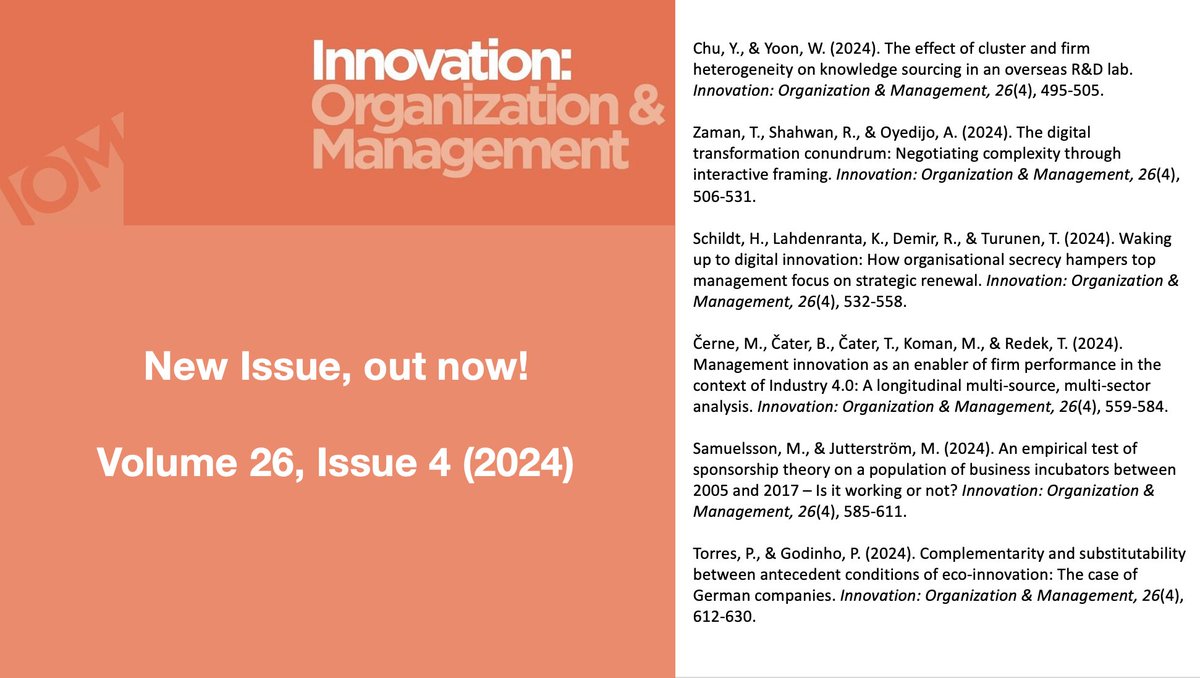 IOM - Innovation Journal (@iom_journal) on Twitter photo We close the year with our fourth Issue of 2024: tandfonline.com/toc/rimp20/26/4
Thanks to all of the contributors!
EIC <a href="/NelsonPhillips/">Nelson Phillips</a> @ldwthomas We close the year with our fourth Issue of 2024: tandfonline.com/toc/rimp20/26/4
Thanks to all of the contributors!
EIC <a href="/NelsonPhillips/">Nelson Phillips</a> @ldwthomas